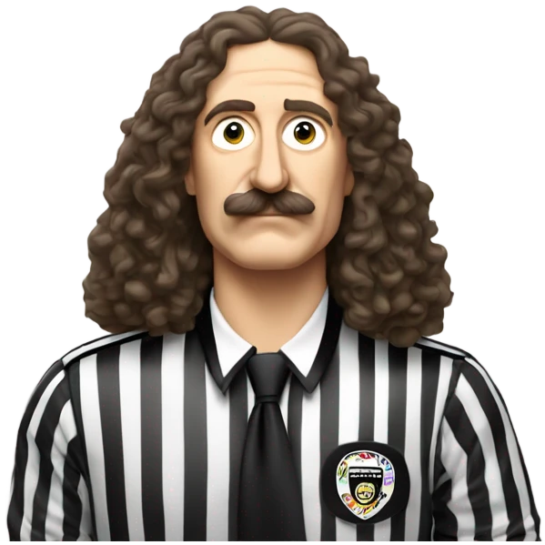 Weird Al Yankovic wearing a referee shirt and has a mustache, no wrinkles on face emoji