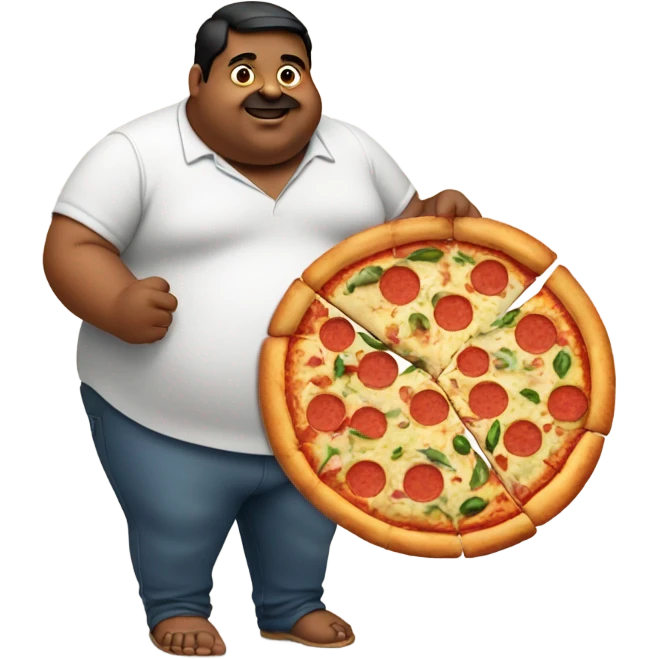 Obese indian man holding a pizza emoji