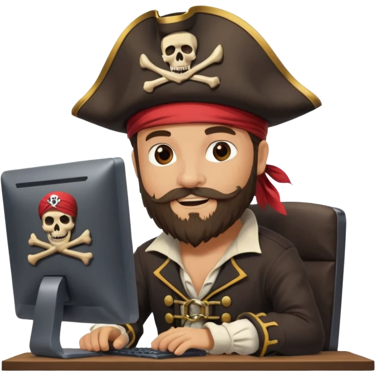 pirate captain with a beard, coding on a desktop computer, pirate flag with code symbol, cheerful and creative emoji