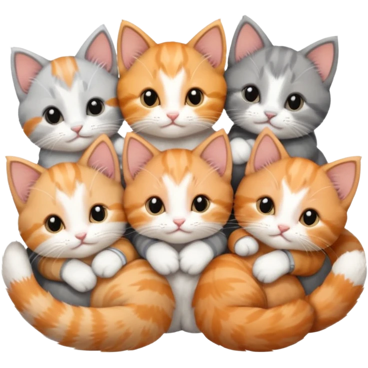 6 tiny kittens cuddling together all various different natural colours including solid grey with white mittens, grey and white, ginger and white, calico, and brown and white emoji
