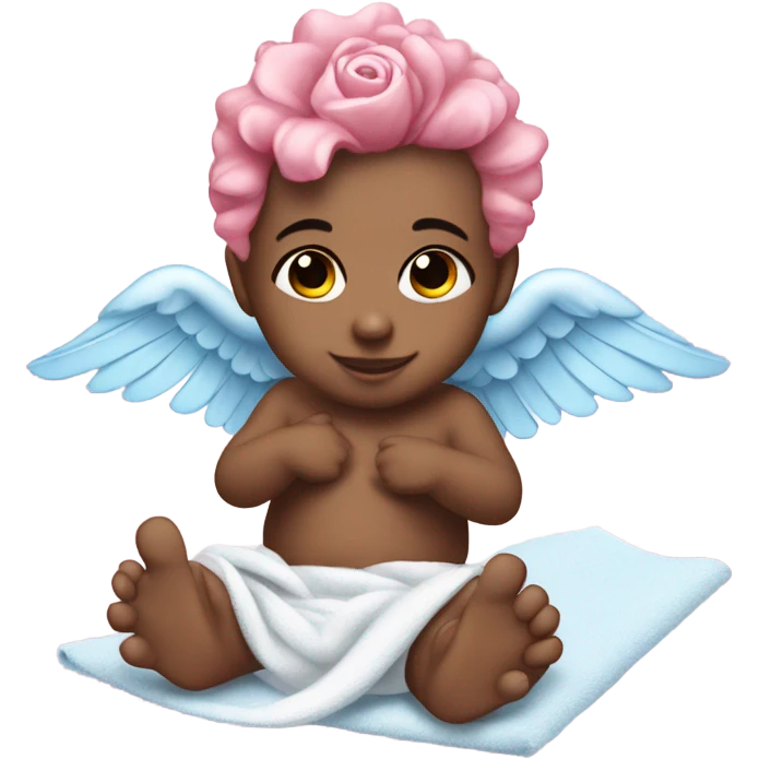cupid baby with pink rose hair pin and skyblue wings. He has white towel for his underwear. emoji