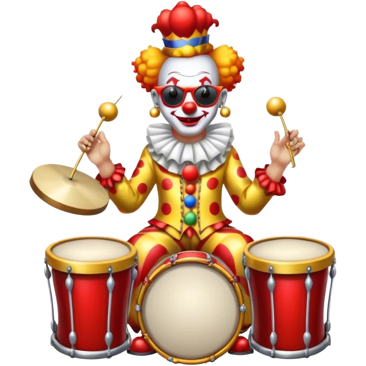 Clown with big golden chain on the neck wearing sunglasses plays drum kit full height emoji