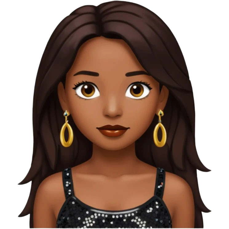 Chilli from TLC with long dark brown hair, black sequin crop top, black earring emoji