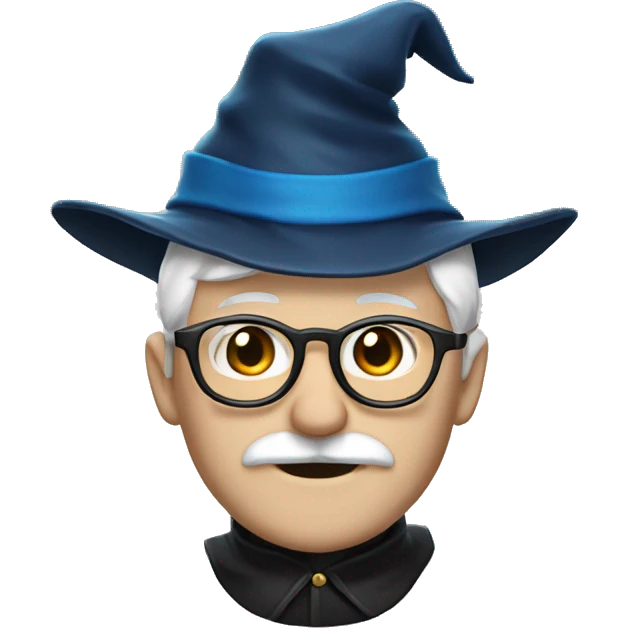 man with white skin,hair is straight and black, a black mustache, glasses, with a magic hat, ravenclaw emoji