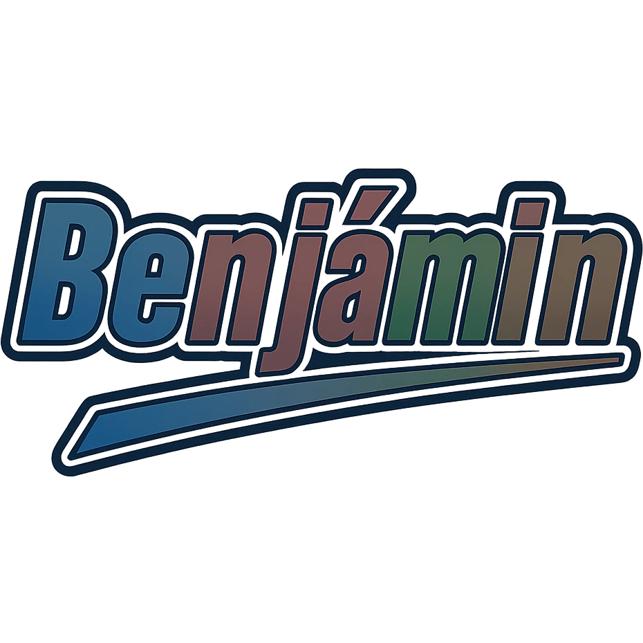 The name 'Benjámin' in a masculine, modern gradient font with precise Hungarian characters including long á and í, dark outline, extra thick, prominent white letter border, dynamic slanted underline, masculine gradient colors of blue, gray, burgundy, green, and brown, 1000x1000 px, PNG, transparent background. emoji