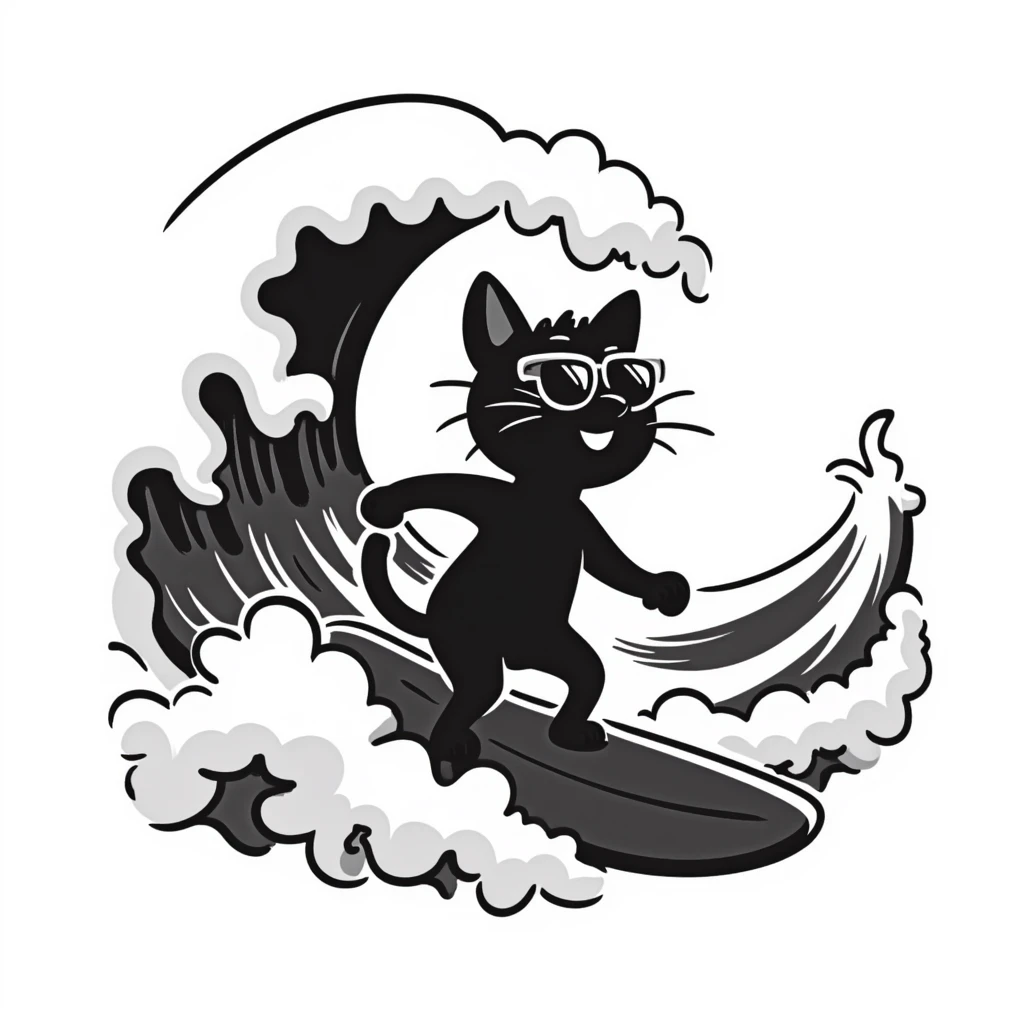 cat with sunglasses surfing a wave emoji