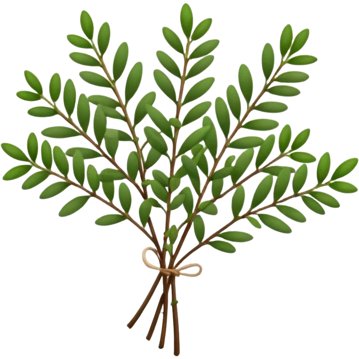 thyme, small sprig, thin green stems, tiny oval deep green leaves, delicate, woody base, dense, soft lighting, emoji scale emoji