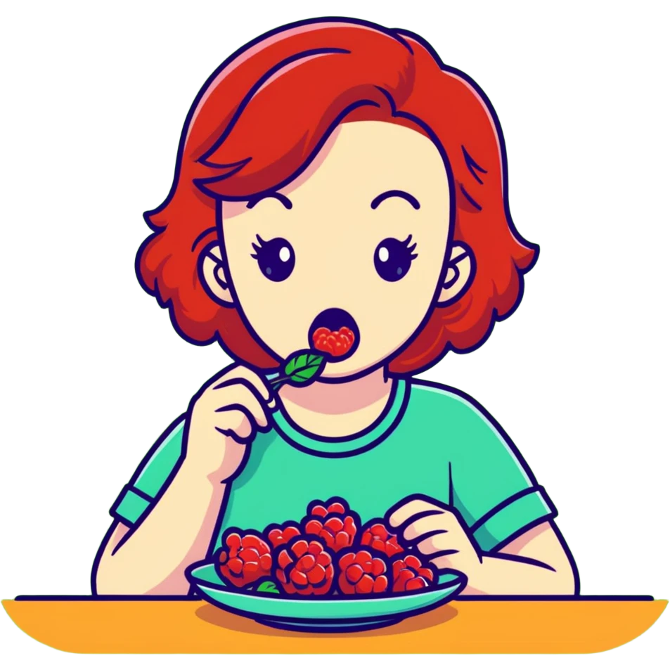 redhead girl with a displeased face eating raspberries emoji