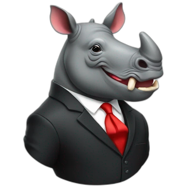 happy swag rhino wearing black suit with red tie emoji