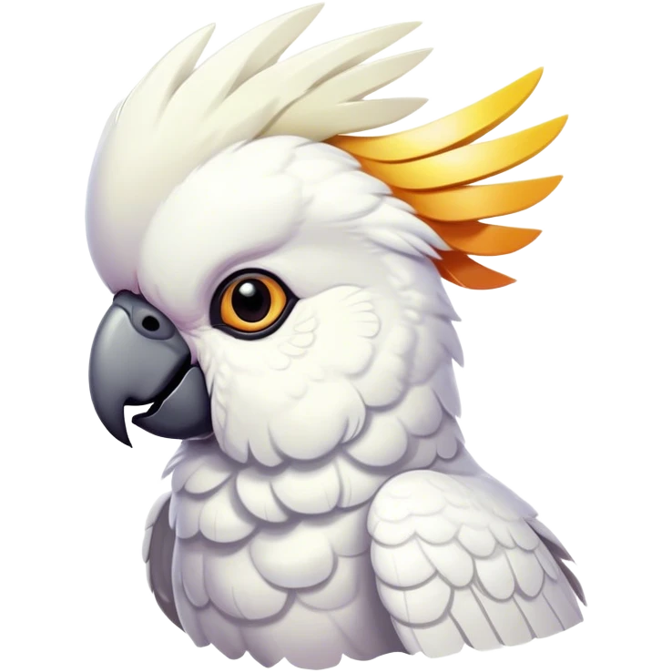 Cinematic Cute Cockatoo Portrait Emoji, Head tilted playfully and inquisitively, featuring a charming, fluffy form with a vividly colored crest, round, sparkling eyes full of playful wonder, and a soft, curved beak, Simplified yet irresistibly adorable features, highly detailed, glowing with a warm, inviting tropical glow, high shine, affectionate and lively, stylized with a touch of whimsical avian charm, soft glowing outline, capturing the essence of a mischievous yet loving cockatoo that seems as if it could flutter out of the screen into your arms! emoji