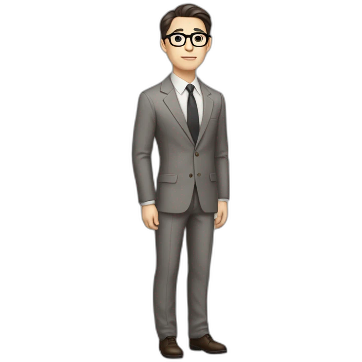 Full height Pale skinned Fit Man With dark brown hair in classic gray suit, beige office shirt, dark gray tie, and vintage glasses. His hands lock emoji