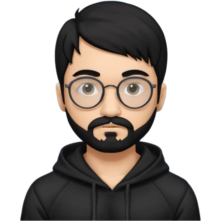 Man, hispanic skin, black hair, black beard, black mustache black eyes black t hoodie, small nose, long emo hair, muscular , round glasses emoji