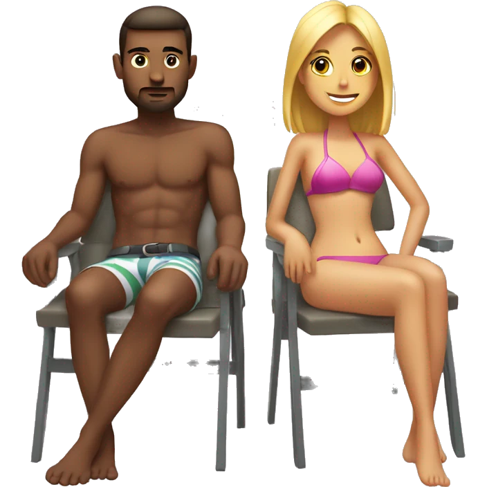 girl with bikini on sitting on a chair with a male sitting next to her emoji