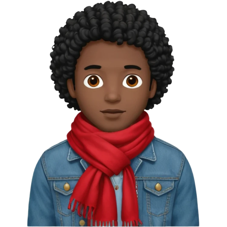 black skin man, curly black hair wear big red scraft, jean jacket emoji