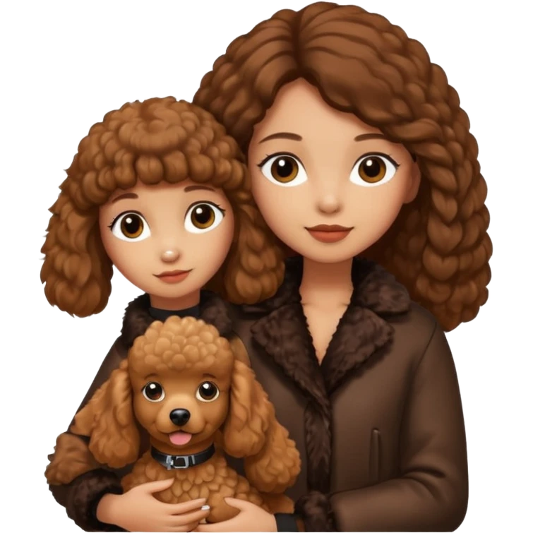 A girl who has long brown straight hair and wears a fur jacket holds a brown poodle emoji