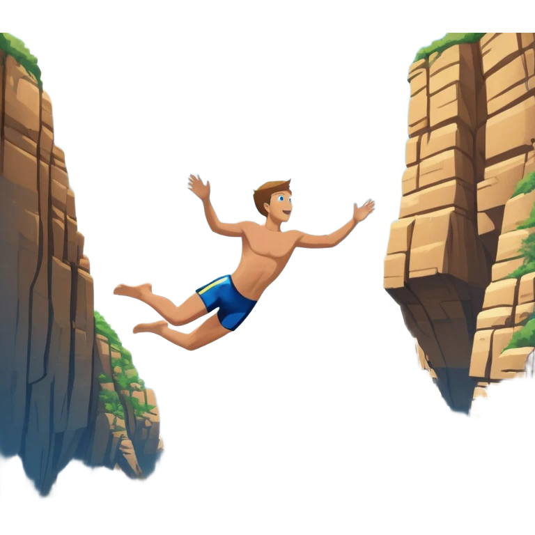 A diver mid-air, plunging from a high cliff into the sparkling ocean below. The background features rugged cliffs, clear blue water, and a bright sky, emphasizing the excitement and danger of the sport with a sense of freedom and adventure. emoji