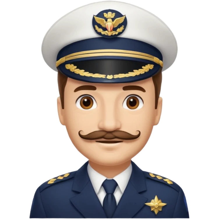 A light-skinned man with brown eyes and another mustache, smiling while wearing a white captain’s hat with a navy emblem. emoji
