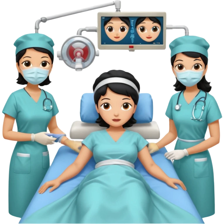 A colonoscopy procedure in progress in a clean operating room, featuring a black-haired woman in her 50s lying on an examination bed, with three doctors wearing surgical caps, masks, and gowns performing the procedure. emoji