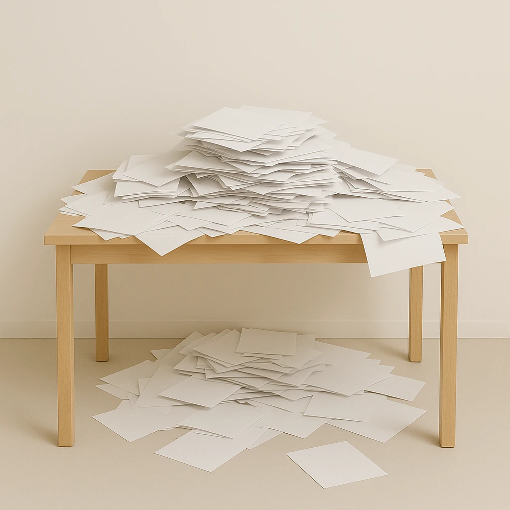 minimalist desk cluttered with papers spilling over, symbolizing overwhelming admin workload, all elements contained within the frame, no edges cut off emoji