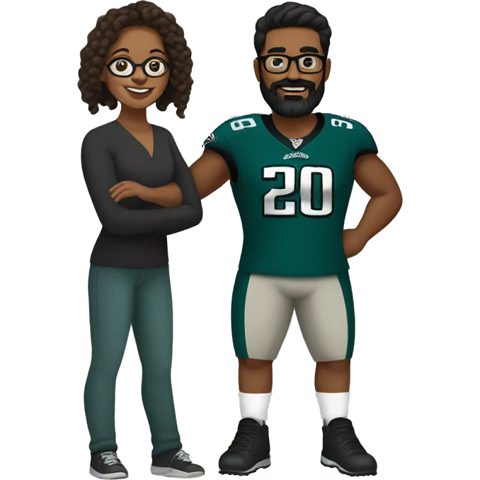  Brown guy with beard and mustache holding hands with a brown girl with her hair in a bun and she’s wearing glasses in Philadelphia eagles clothing  emoji