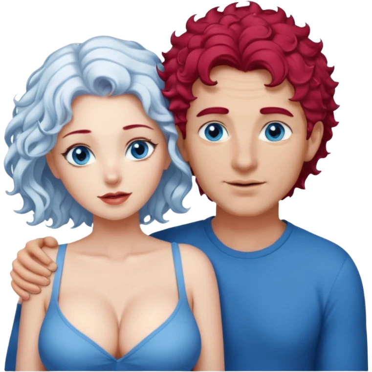 Homme nu cheveux blanc courts, yeux bleu barbe naissante + femme nu gros seins rousse cheveux longs bouclés yeux bleu faisant l'amour emoji