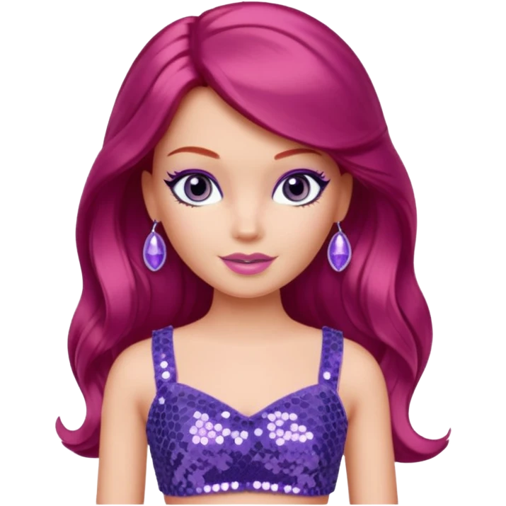 P.J. from Barbie & Friends with indigo eyes, long red hair, lilac sequin crop top emoji