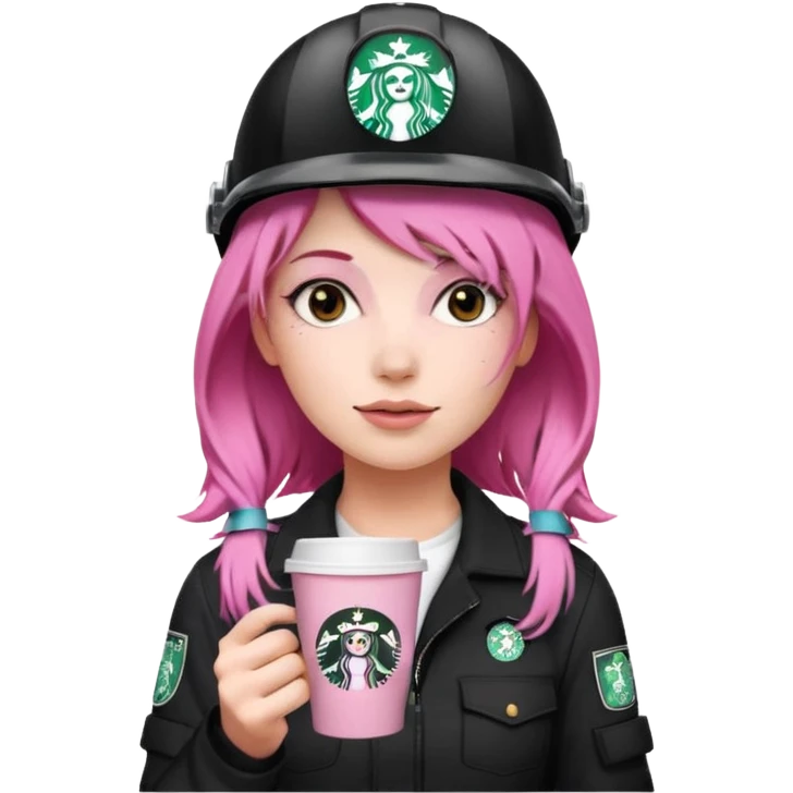 сделай молодую девушку с розовыми волосами, накрашенную красиво, с стаканчиком кофе из старбакса и в каске  emoji