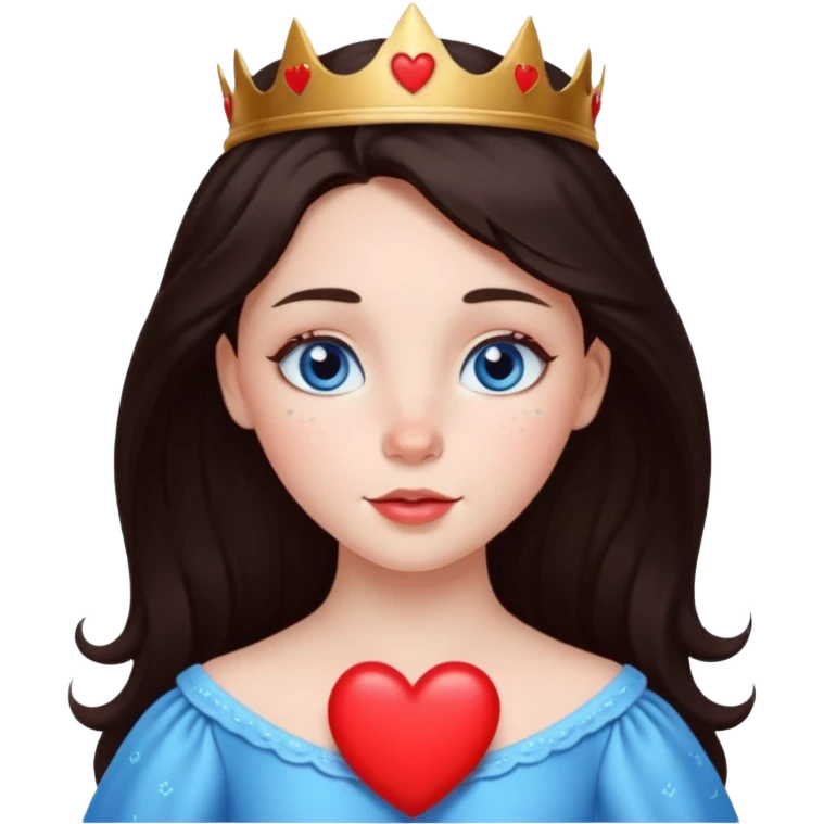 A fair-skinned princess with little freckles on her cheeks, blue eyes, dark brown hair and a red heart of love emoji