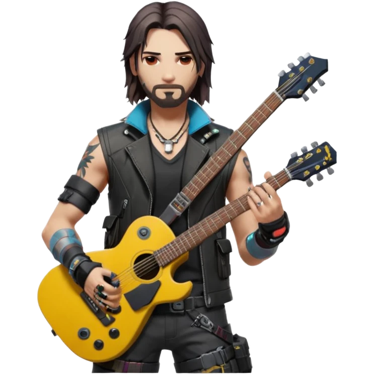 Jony Silverhand from Cyberpunk 2077, holding a guitar, cyberpunk background emoji