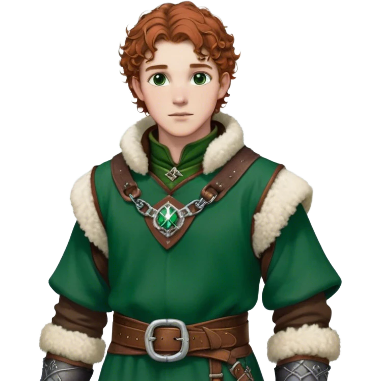 Medieval winter outfit worn by a DnD themed fantasy male character. Rich brown leather-trimmed wool tunic with sheepskin lining, featuring intricate metal buckles at the collar, paired with a heavy braided belt. Clothes only above the waist, full waist coverage. The character has no arms. Character is white-skinned with auburn hair, emerald green eyes, and short curly hair beneath a light dusting of snow. emoji
