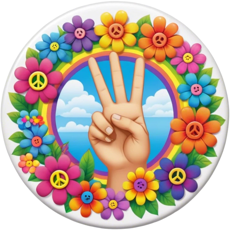 A round psychedelic colored button with a hand making the peace sign in the center surrounded by rainbow colored hippie style flowers emoji