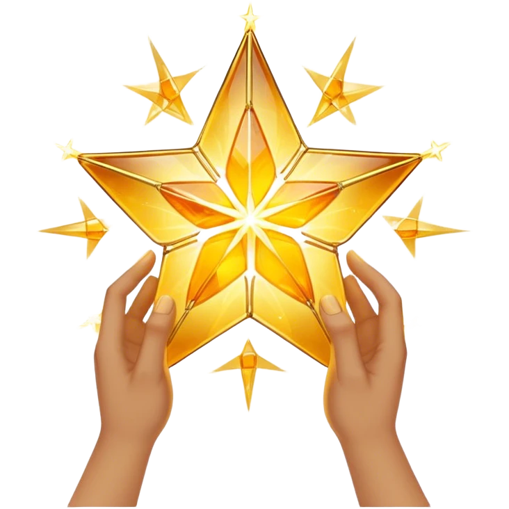 A radiant yellow dream star emerges, carefully being built by hands connecting delicate strands of golden thread and translucent panels of glowing amber glass incomplete emoji