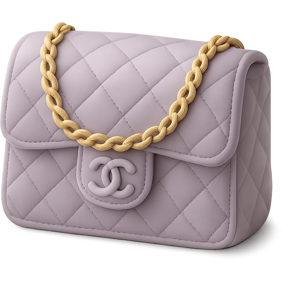 Chanel quilted purse cake in fondant cake art style, pastel lavender with gold chain, luxury style emoji