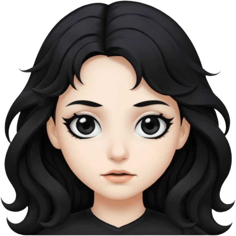 Crea una ragazza con stile black metal, capelli neri mossi dalle spalle e occhi bianchi emoji
