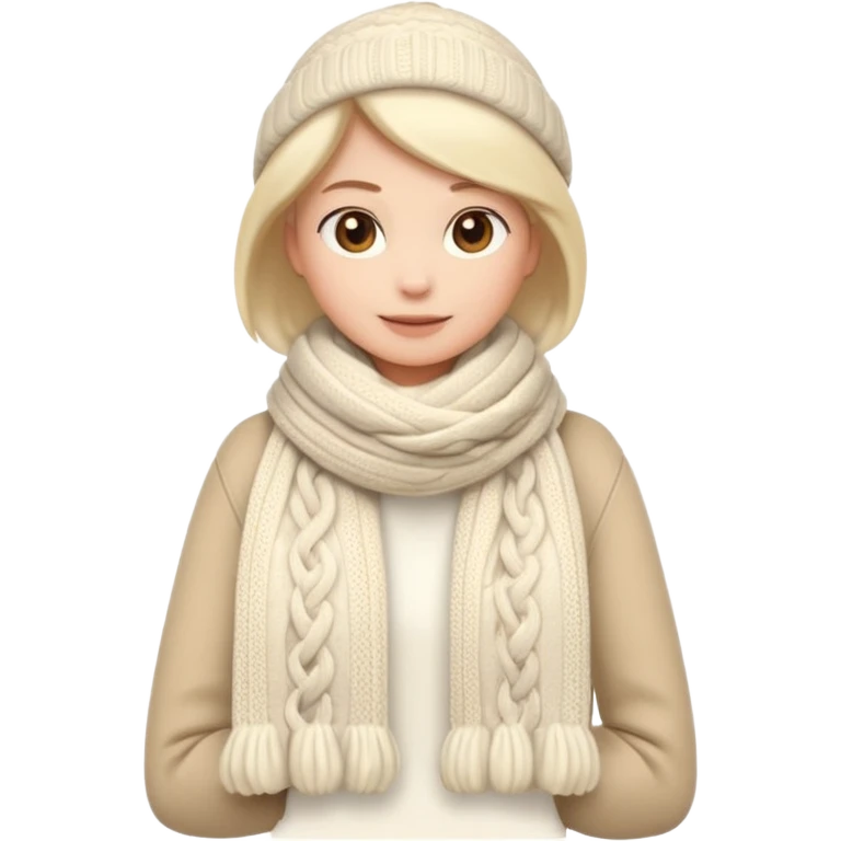 cute soft-matte emoji of an ivory scarf with thick cable-knit patterns, light beige accents, cozy and fluffy winter texture, gently folded shape, minimal details, warm and soft shading emoji