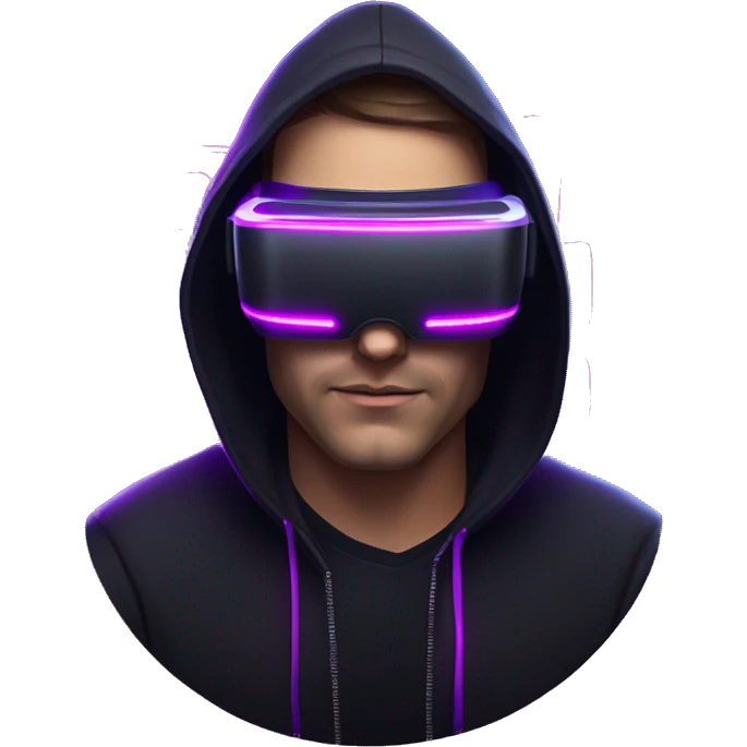 Russian man wearing a black hoodie with "OMG" letters on it and VR headset in a cyberpunk VR environment with violet neon lighting. emoji