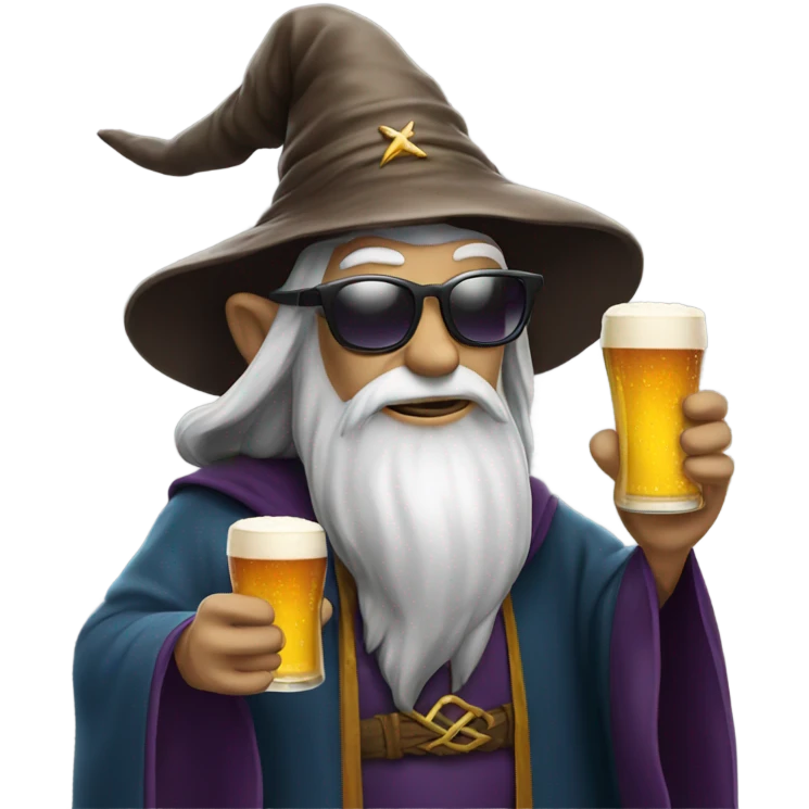 Wizard drinking a beer and wearing sunglasses emoji