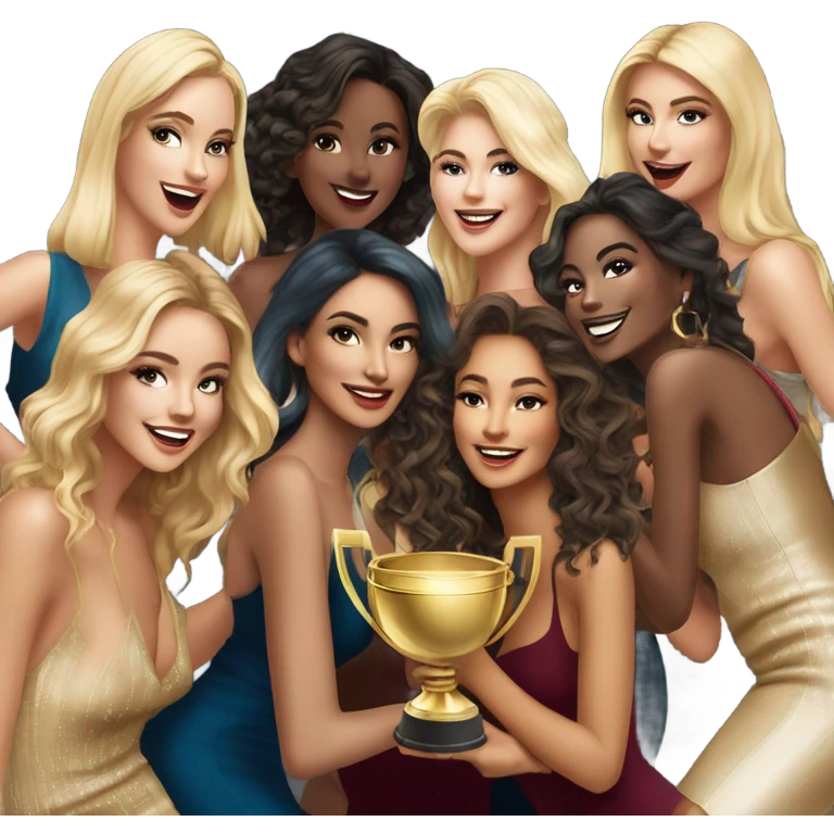 6 beautiful and stylish blonde and Latina models celebrating with 1 huge gold trophy emoji