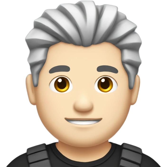 chubby chinese guy with fair skin and gray hair, man bun, black shirt and bass guitar emoji