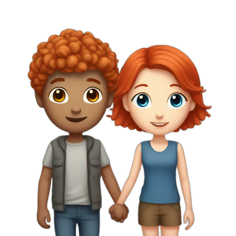 Blue eyed short haired boy and red haired girl holding hands emoji