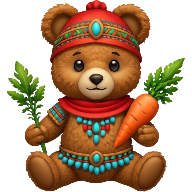 teddy bear, wearing red mayan ancient custome, with carrot half body emoji