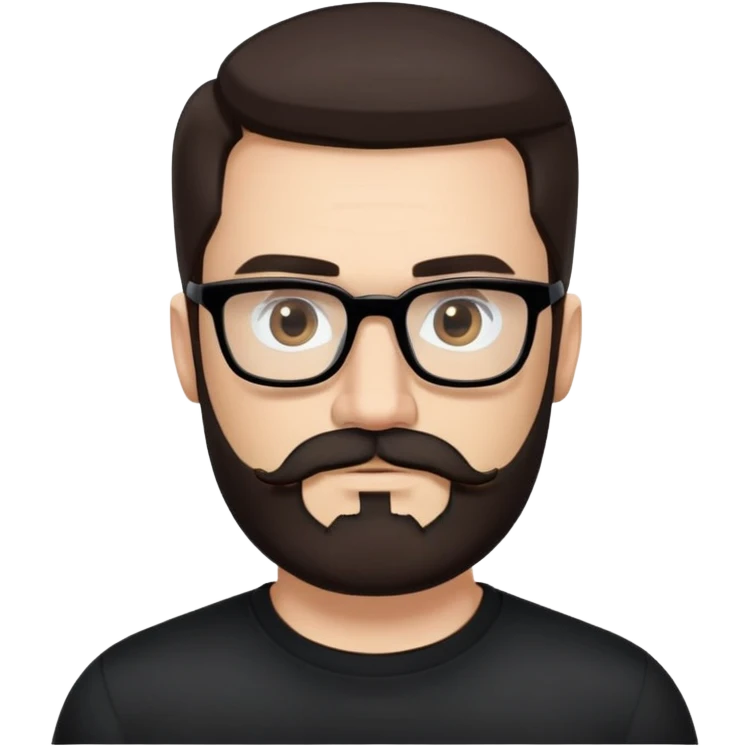 Caucasian male, long-length hair straight dark brown hair combed back, thick dark eyebrows, rectangular black eyeglasses, full beard and mustache neatly groomed, neutral facial expression, wearing a black crew neck shirt. emoji