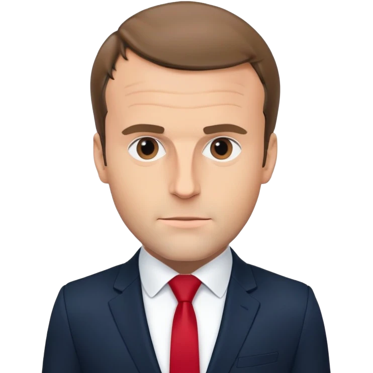figure of Emmanuel Macron with an oversized head and small body, standing, wearing a dark navy suit and red tie, highly recognizable face, simplified details emoji