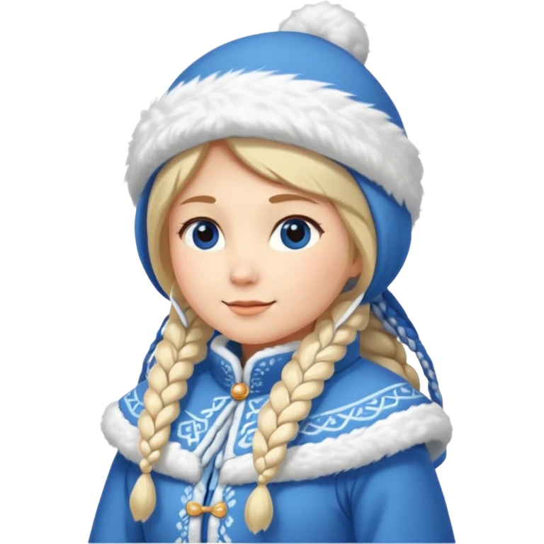 A cute Snow Maiden (Snegurochka) emoji, full body, standing in side view, wearing a traditional blue winter coat with white fur trim, long braid, and a kokoshnik-style winter hat. emoji