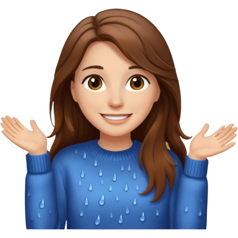 white woman with long brown hair and brown eyes, wearing a sweater, enjoying the rain emoji