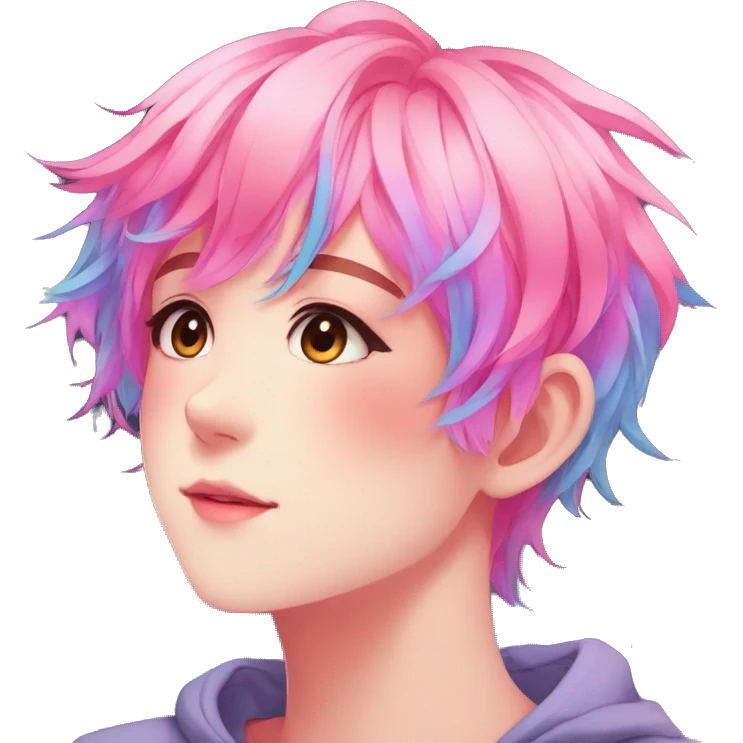 Gorgeous anime style shojo character with blushing face aesthetic and pretty colorful shiny gradient neon hair with hair garment trending style emoji