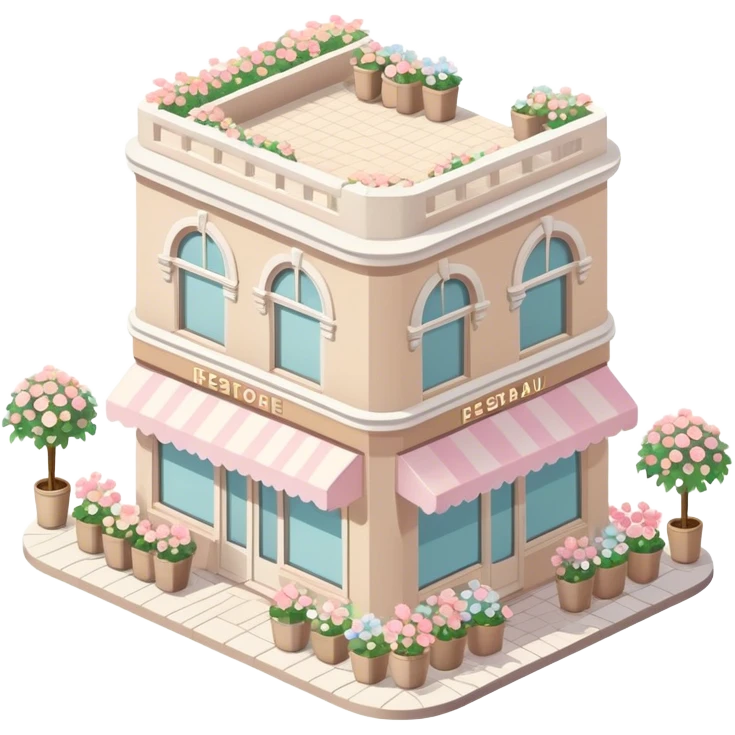 isometric exterior little beige and white restaurant with abundant pastel florals everywhere emoji