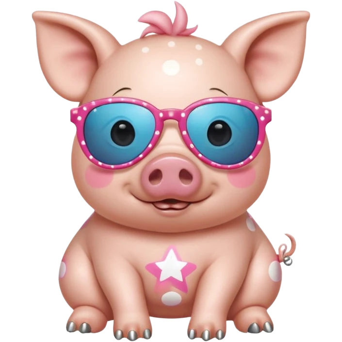 cute pig wearing  star-shaped sunglasses and polka dot bathing suit on all fours with nail polish, with a name tag saying hi my name is gerald emoji