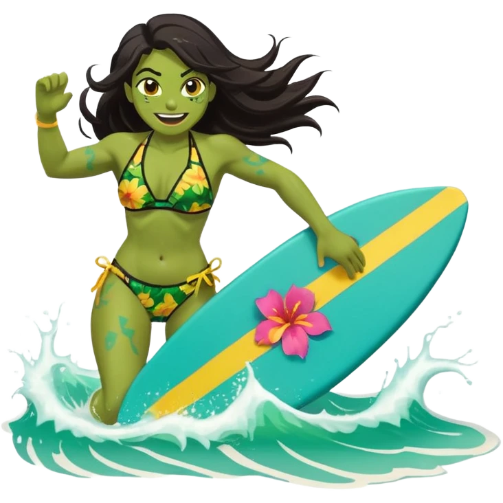 ork female holding small yellow bodyboard, running through shallow turquoise waves, muscular green body, bright floral bikini, fierce joyful grin showing tusks, long wet dark hair splashing, foam and spray, minimalist beach and ocean background, centered emoji, vibrant summer colors, sticker style emoji