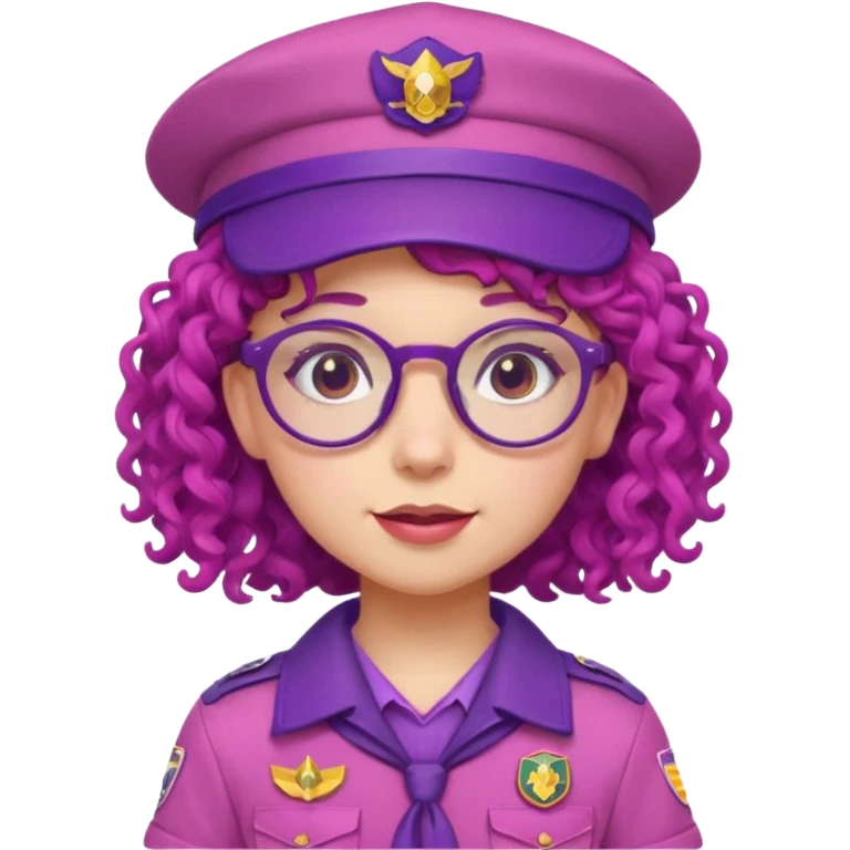 scout girl with very pink scout uniform including hat, purple curly haired and glassess emoji